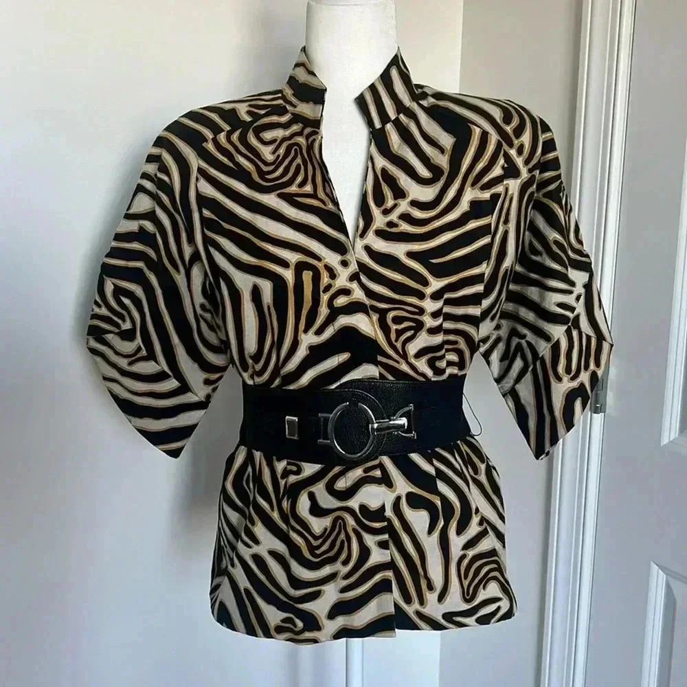 Women's Zebra-Print Short Sleeve Blouse in Black & Cream